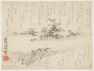 雪の中の竹、1830-43年頃（木版画） 作： Takaku Aigai